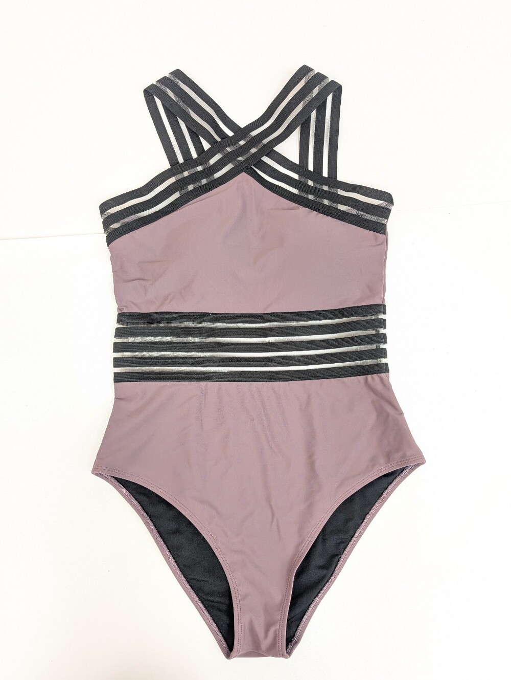 Aava One Piece Swimsuit Lavender Black Crossover Slimming Tummy Contr Large [92]